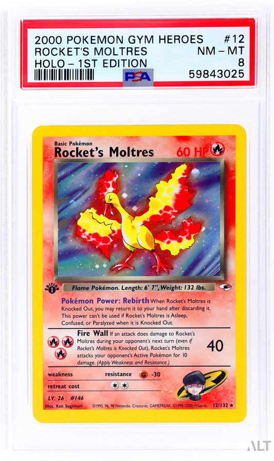 2000 POKEMON GYM HEROES 1ST EDITION HOLO ROCKET'S MOLTRES #12 PSA 8 NM-MT