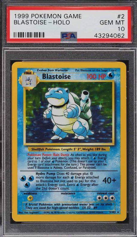 1999 POKEMON BASE SET UNLIMITED HOLO BLASTOISE #2 PSA 10 GEM MINT