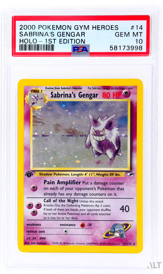 2000 POKEMON GYM HEROES 1ST ED HOLO w Swirl Top Left SABRINA'S GENGAR #14 PSA 10