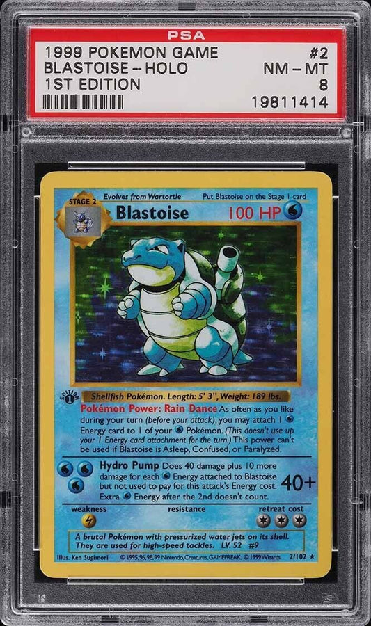 1999 POKEMON BASE SET SHADOWLESS 1ST EDITION HOLO BLASTOISE #2/102 PSA 8 NM-MT