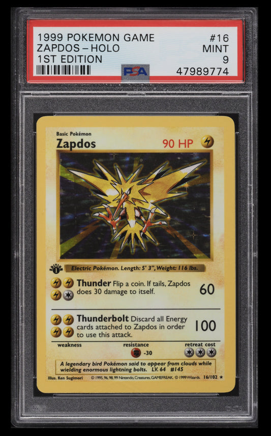 1999 POKEMON BASE SET SHADOWLESS 1ST EDITION HOLO ZAPDOS #16 PSA 9 MINT