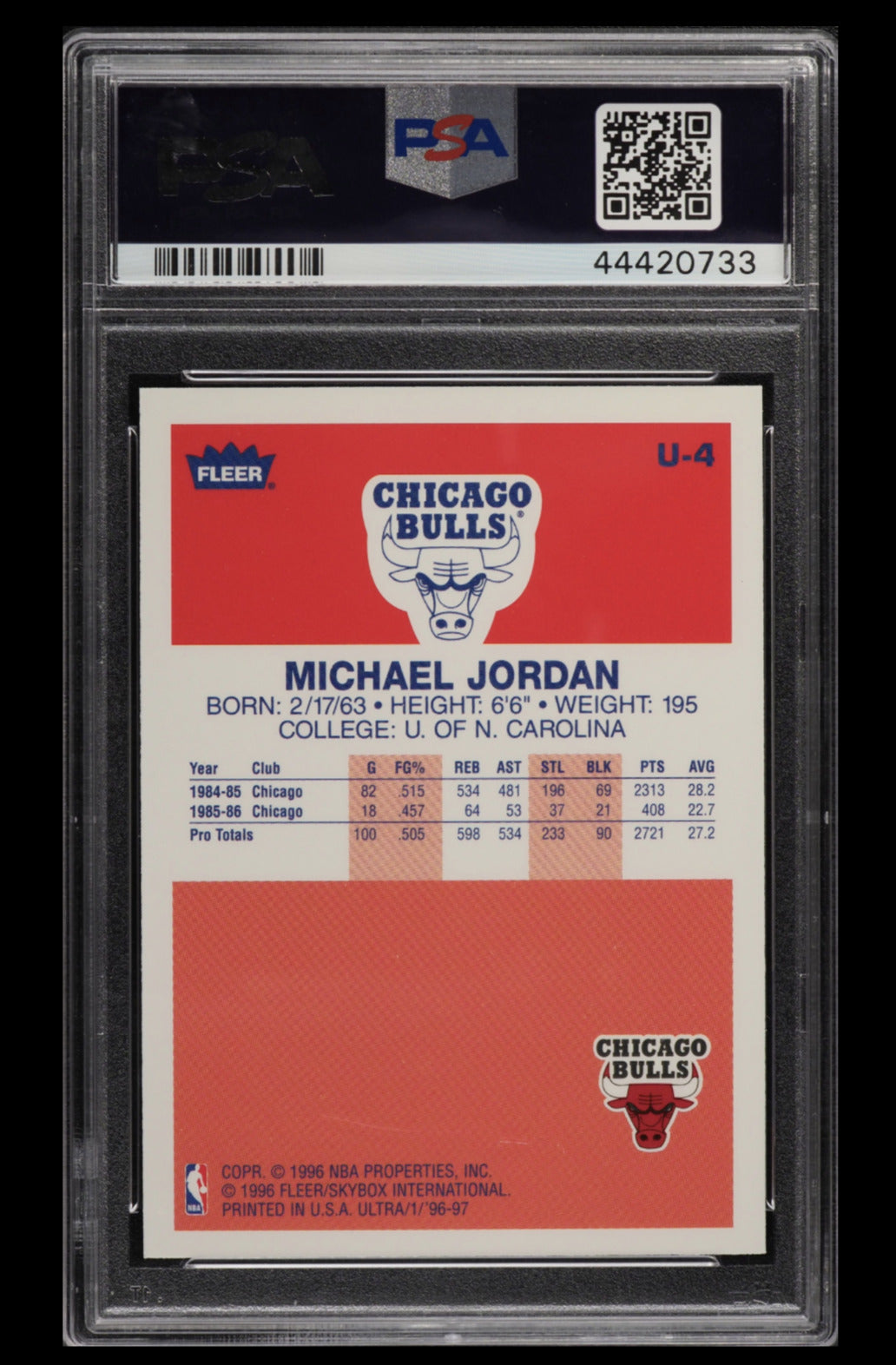 1996 ULTRA DECADE OF EXCELLENCE MICHAEL JORDAN #U-4 PSA 10 GEM MINT