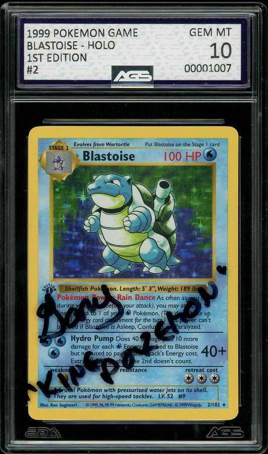 1999 POKEMON BASE SET 1ST EDITION HOLO BLASTOISE #2 AGS 10 GEM MINT SIGNED