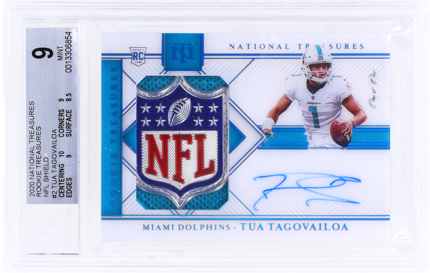 2020 National Treasures RPA Tua Tagovailoa Rookie NFL Shield 1/1 BGS 9 AUTO 10